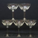 5 Antique Art Deco Palmette Cut Crystal Champagne Glasses