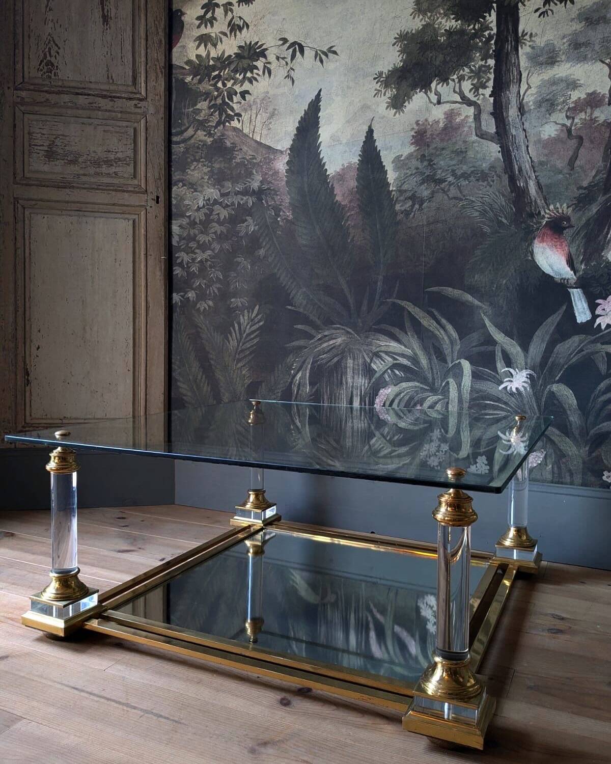Designer coffee table in plexiglass and brass from the 70s DLG Maison Charles