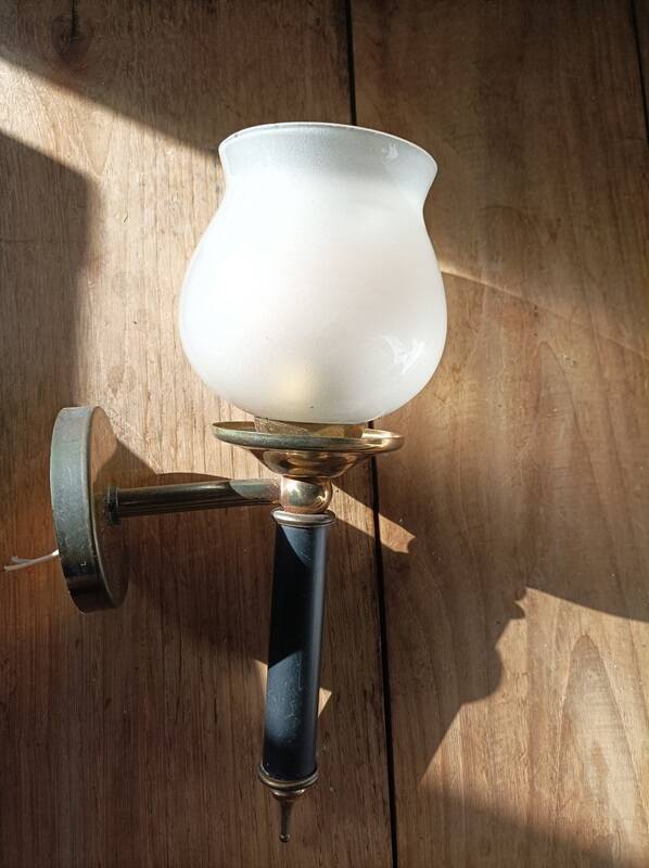 Frosted glass globe wall light with patinated gold metal base dp 1123204