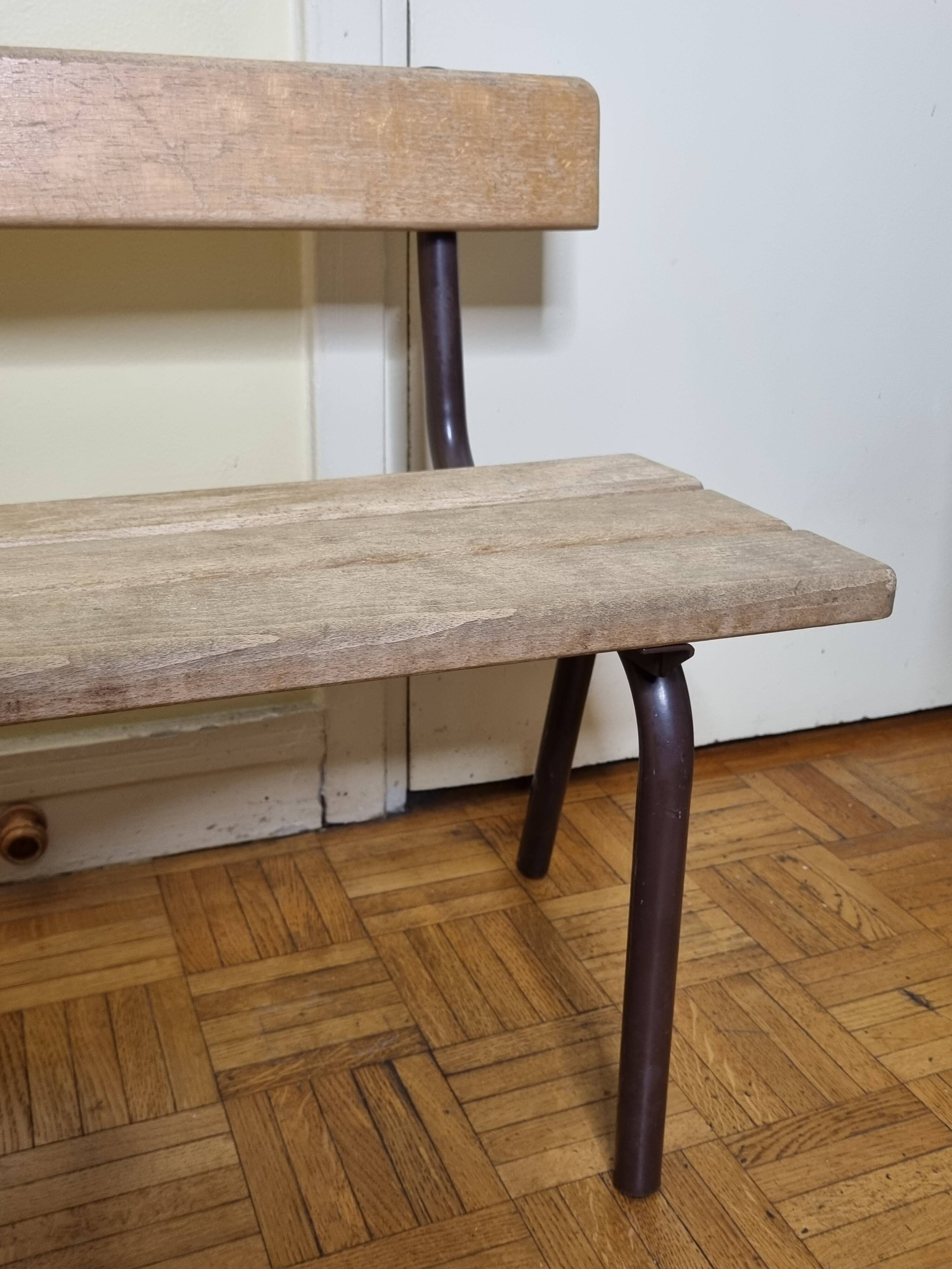 Vintage wooden and metal kindergarten bench, 2 m
