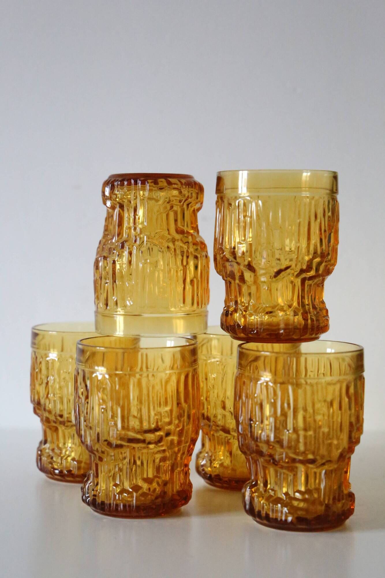 Set of 6 amber glasses, frosted effect, vintage French