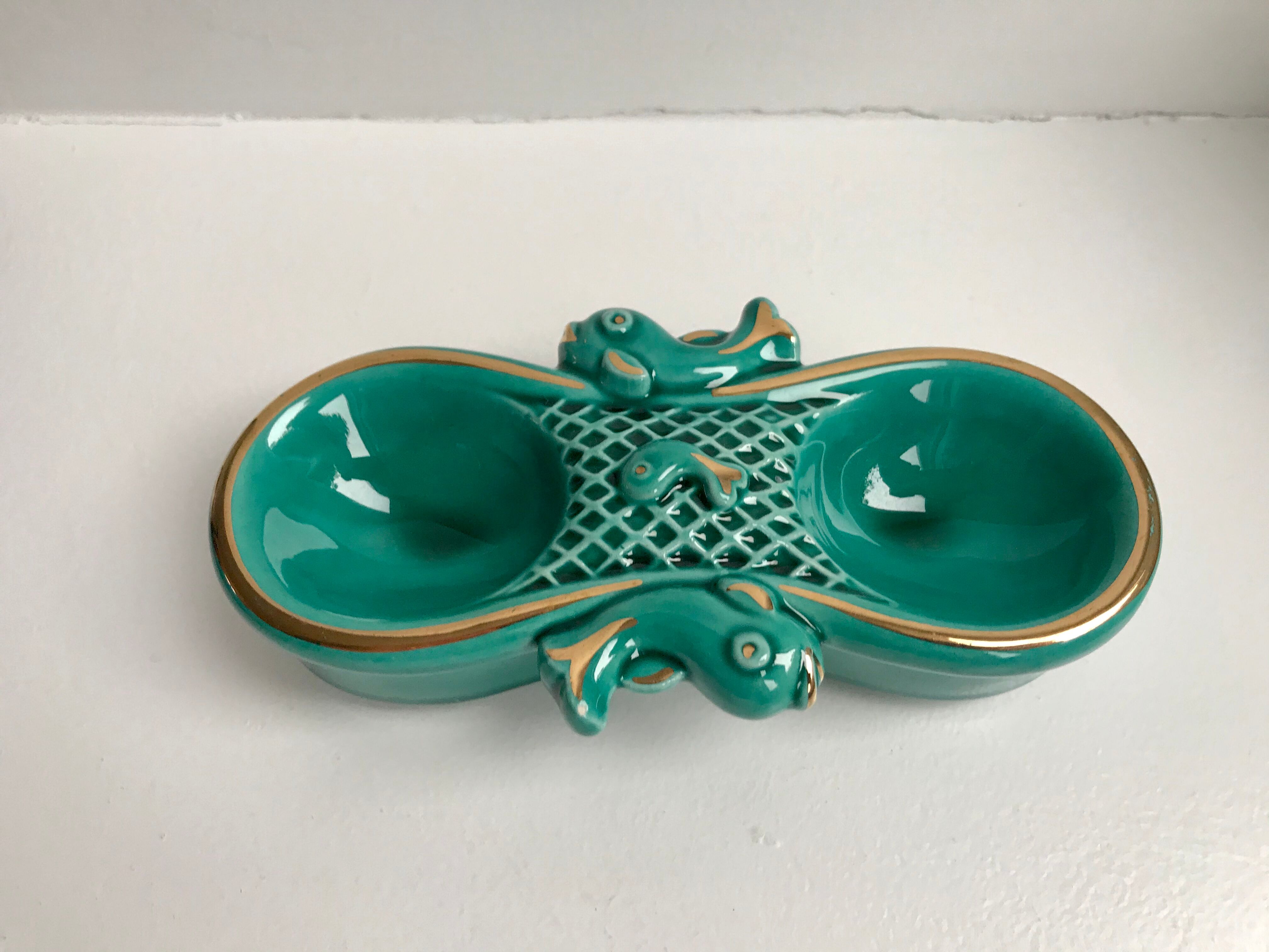 Green and gold ceramic salt shaker Art Deco 30s