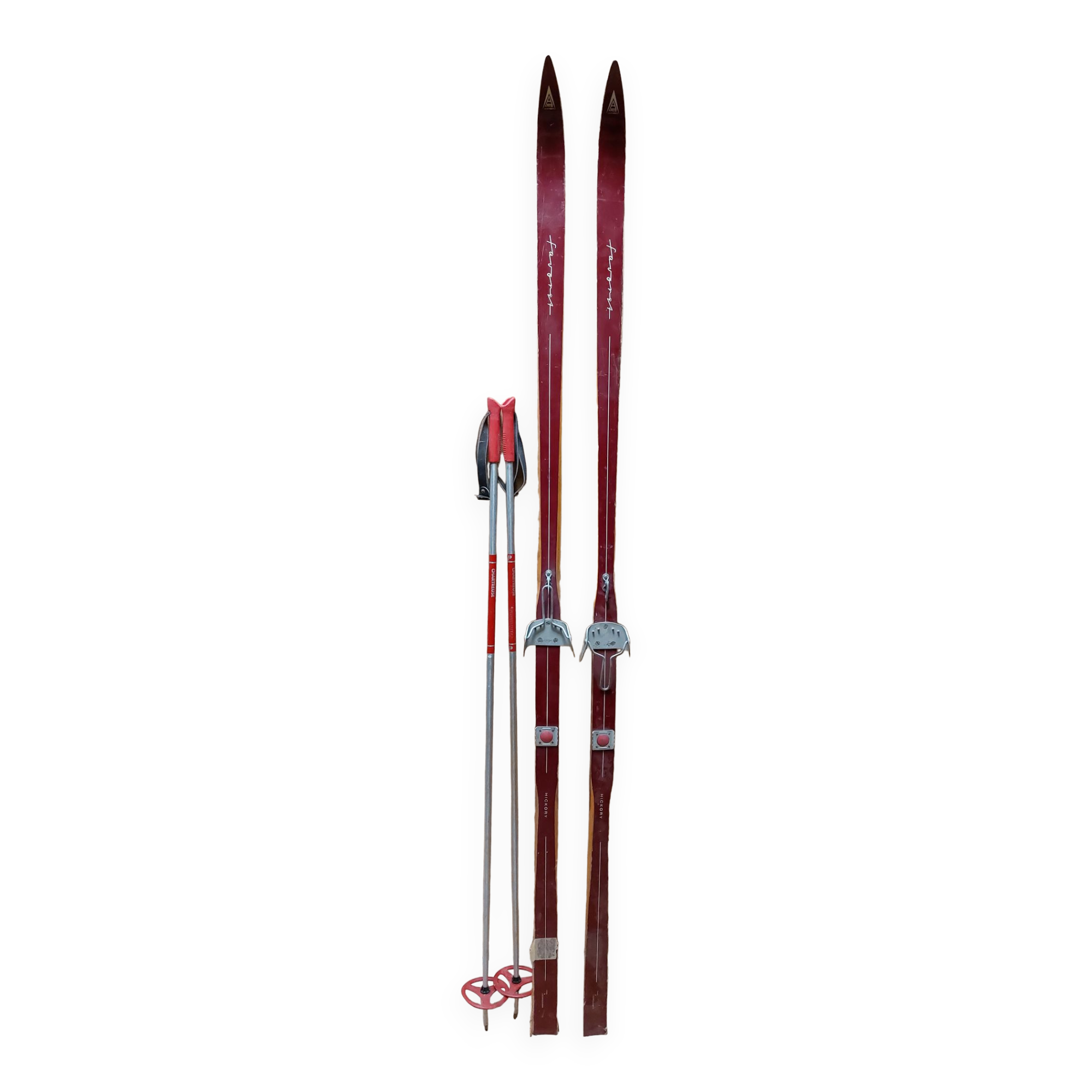 Paire de skis vintage en bois 199 cm couleur Bordeaux avec batons