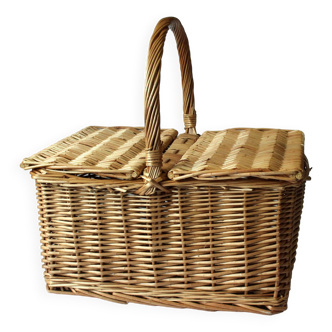 Handmade braided wicker and rattan picnic basket with 2 lids, vintage from the 1980s