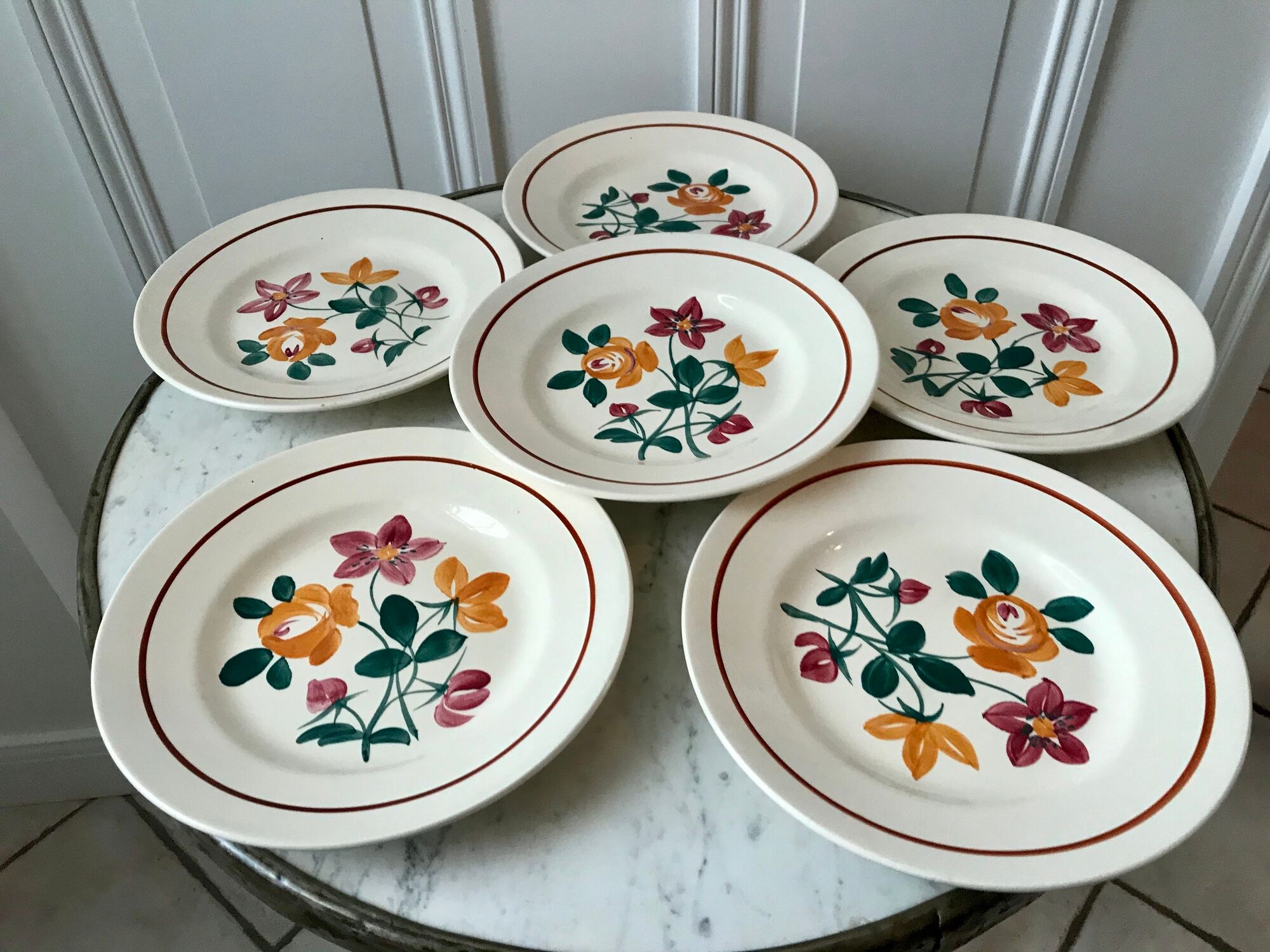 Set of 6 dessert plates Terre de fer Longchamp model Rohan early twentieth century