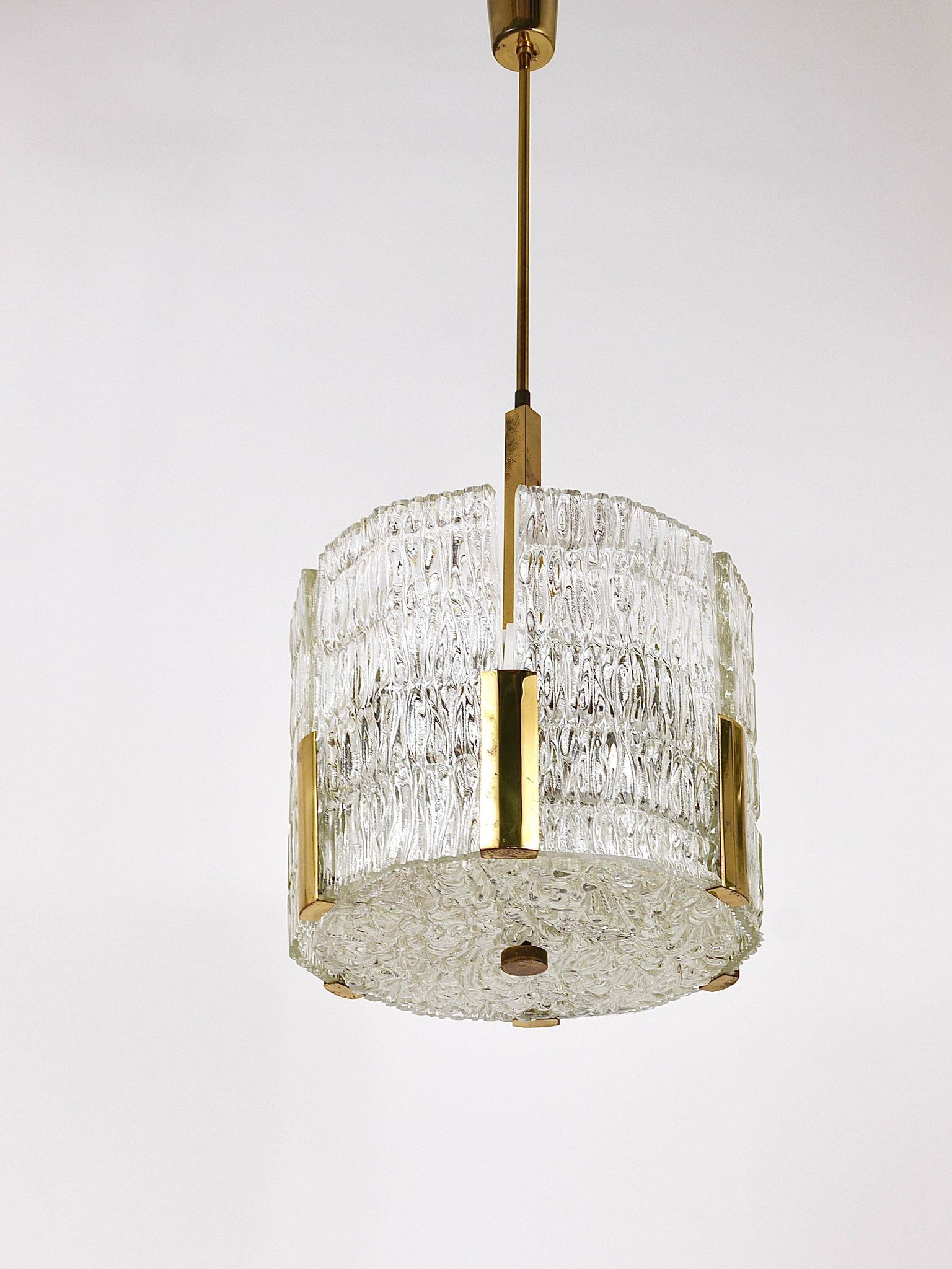 Kalmar Suspension Tambour Drum, Brass, Frosted Textured Glass, Austria, 1960s