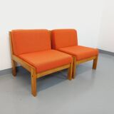 Set of 2 vintage Baumann armchairs in orange fabric and wood from the 80s