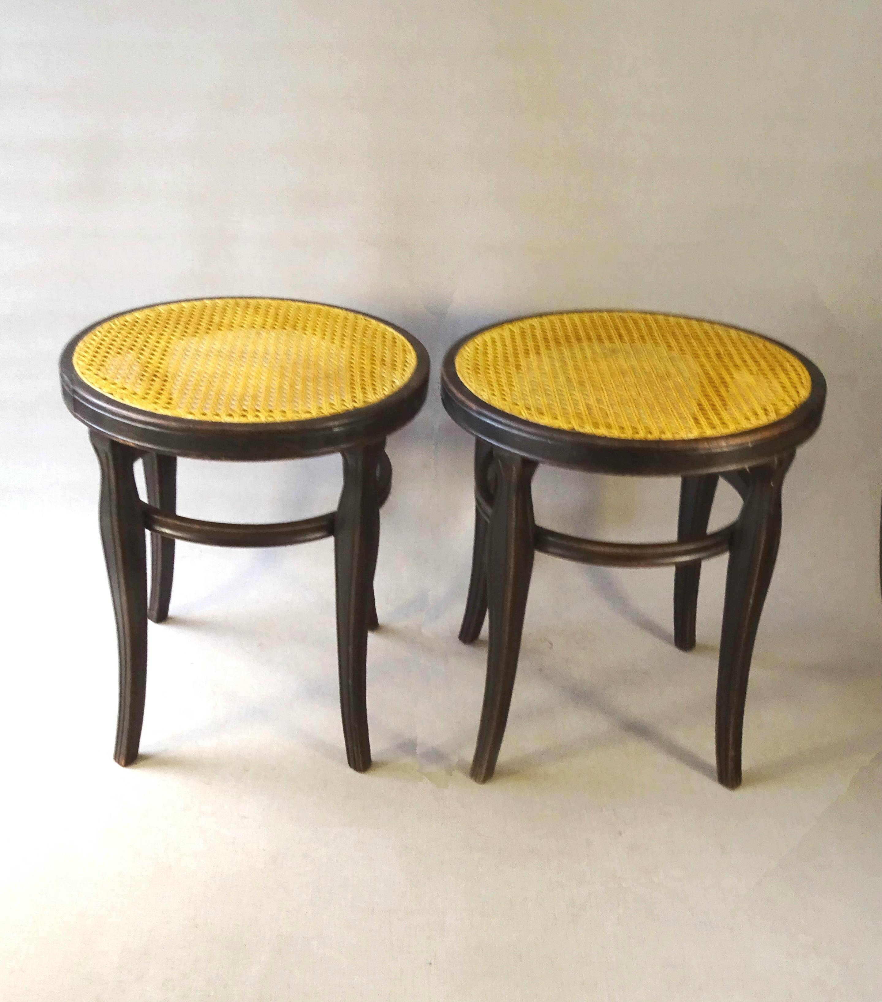 Pair of Thonet stools out of catalogue, circa 1890, new canework