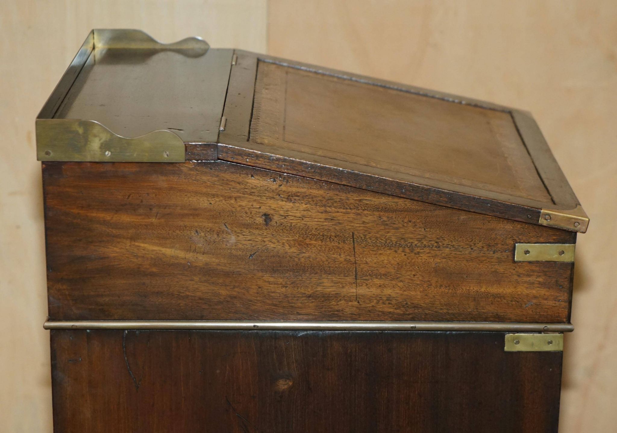 Victorian antique leather Davenport campaign desk with brass gallery.