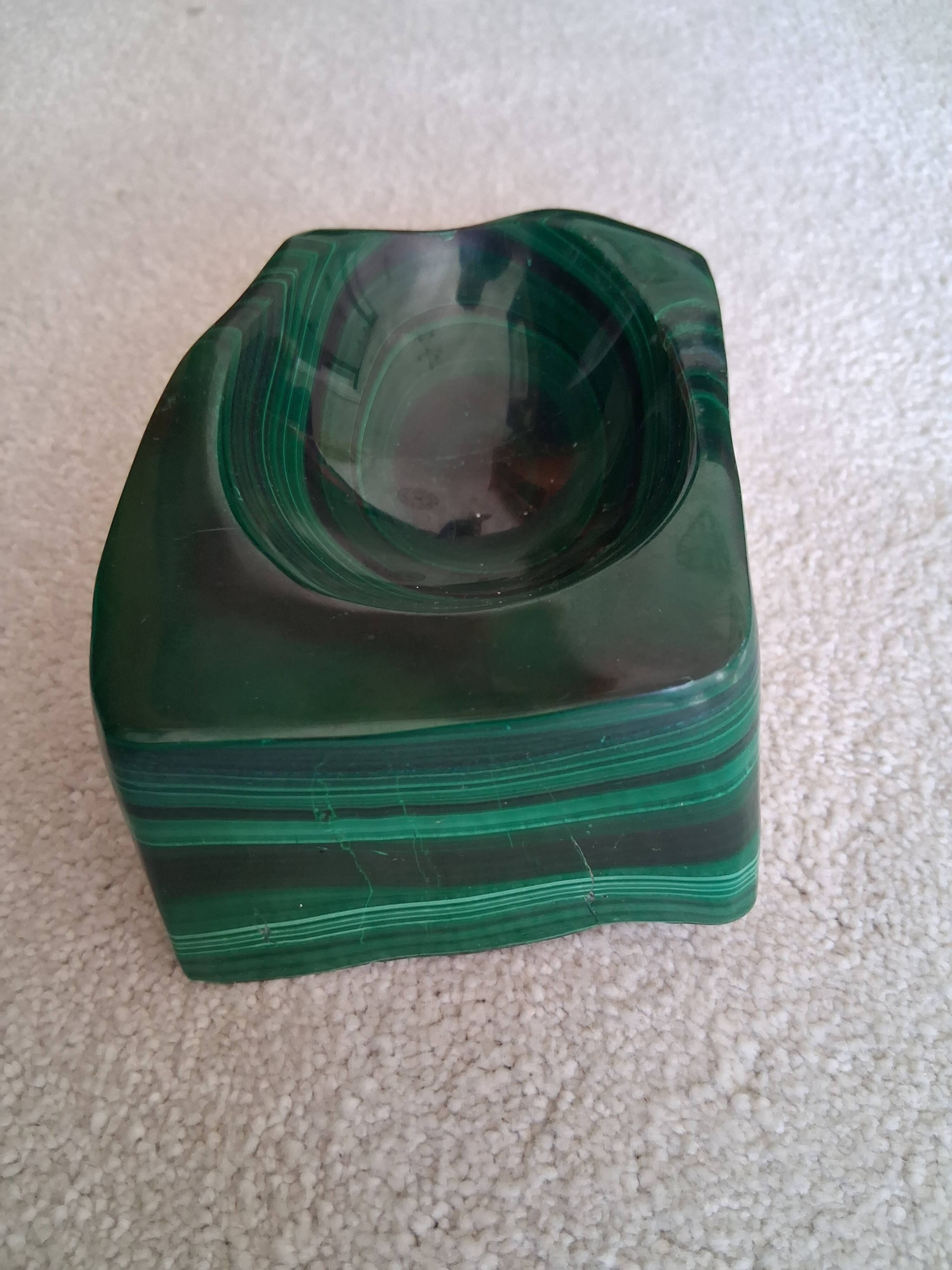 Cendrier en bloc de malachite solide vintage / Vide-Poche — Géométrique lourd de 1,34 kg