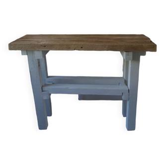 Vintage workbench with patinated pearl gray base, waxed finish, medium oak waxed top.