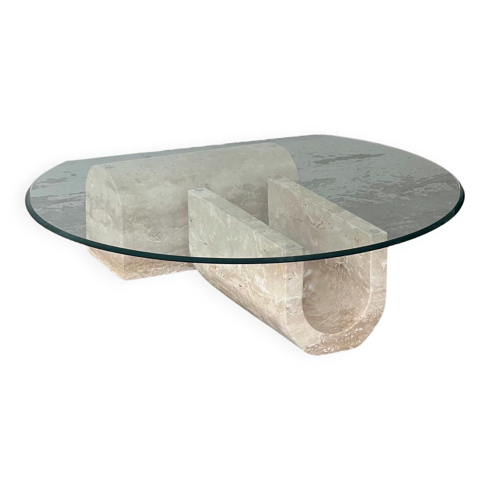 Coffee table in travertine and glass