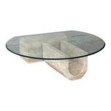 Coffee table in travertine and glass