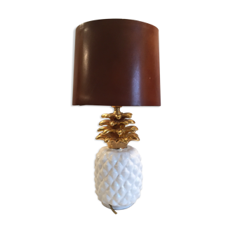 lampe ananas vintage en céramique abat-jour cuir brun