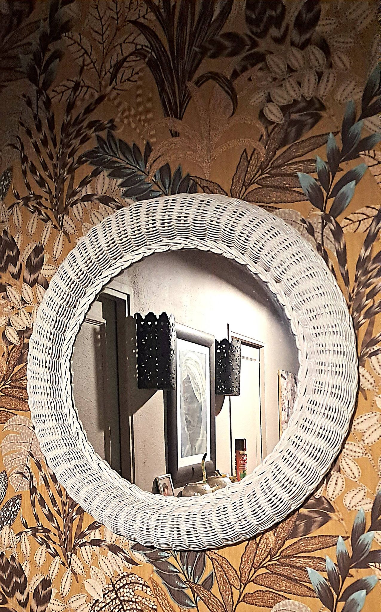White rattan mirror, 1970s, France, decorative item for entryway or bedroom, large mirror