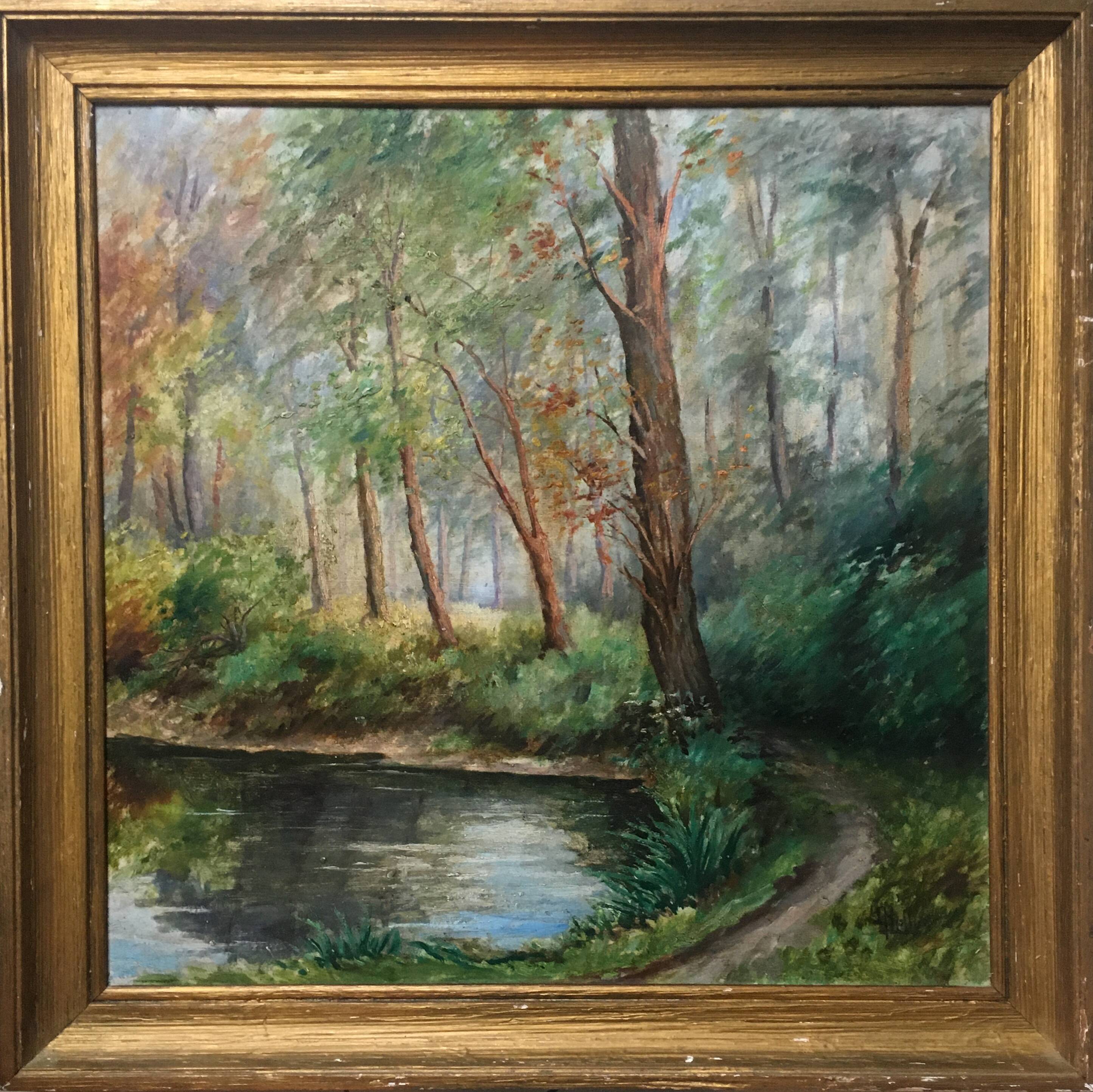 Painting "Pond in the undergrowth" HSP signed, early twentieth century with frame