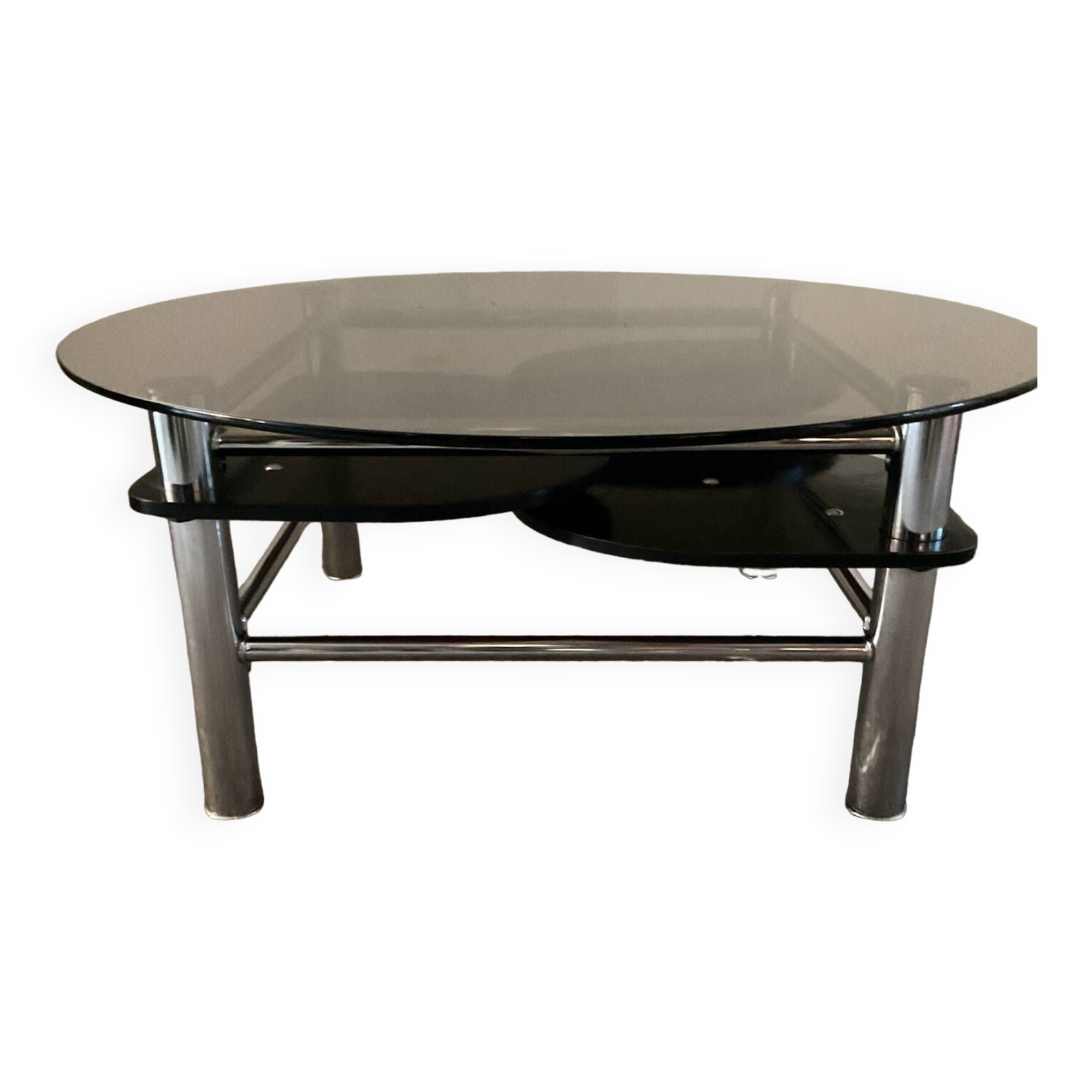 Vintage 1980s coffee table in smoked glass and chrome metal