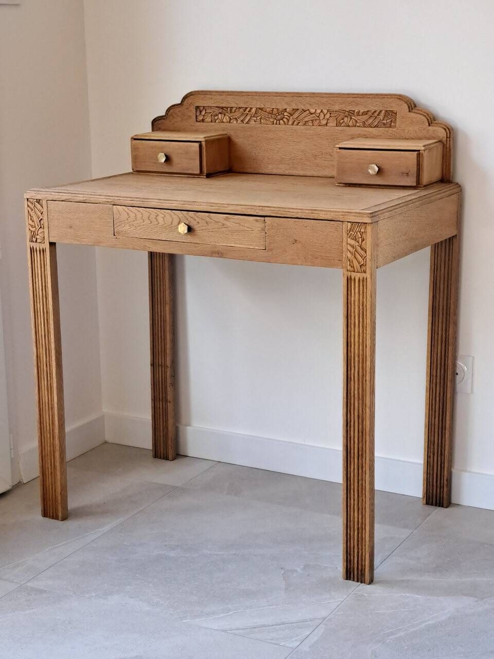 Art Deco oak desk, stripped finish, console size, 3 drawers.