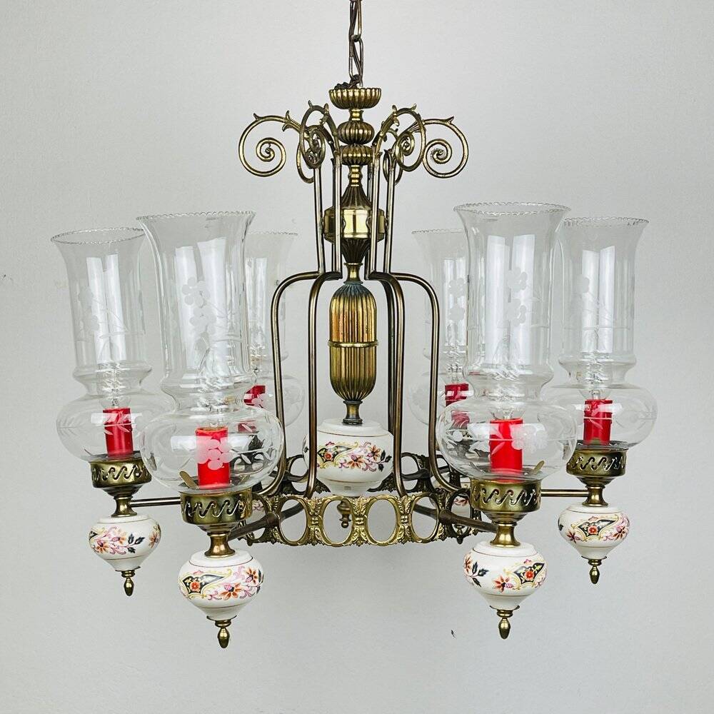 Vintage porcelain and brass chandelier, Italy, 1930s