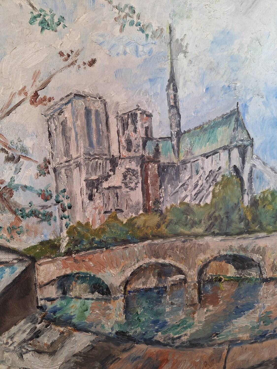 Oil painting depicting the Quai de Seine and booksellers.