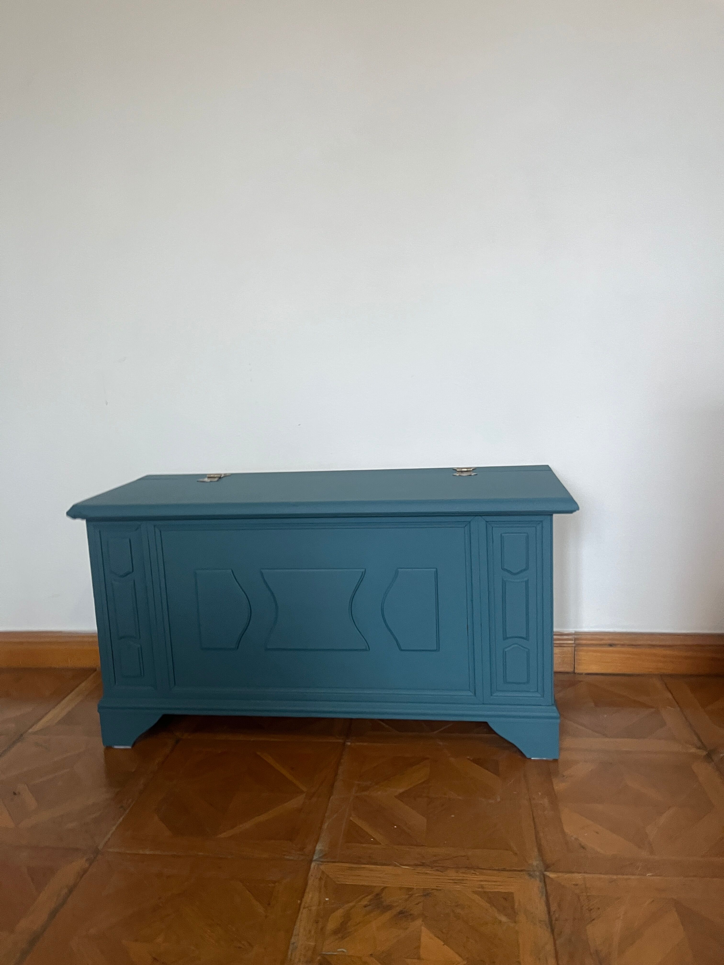 Peacock blue wooden toy chest