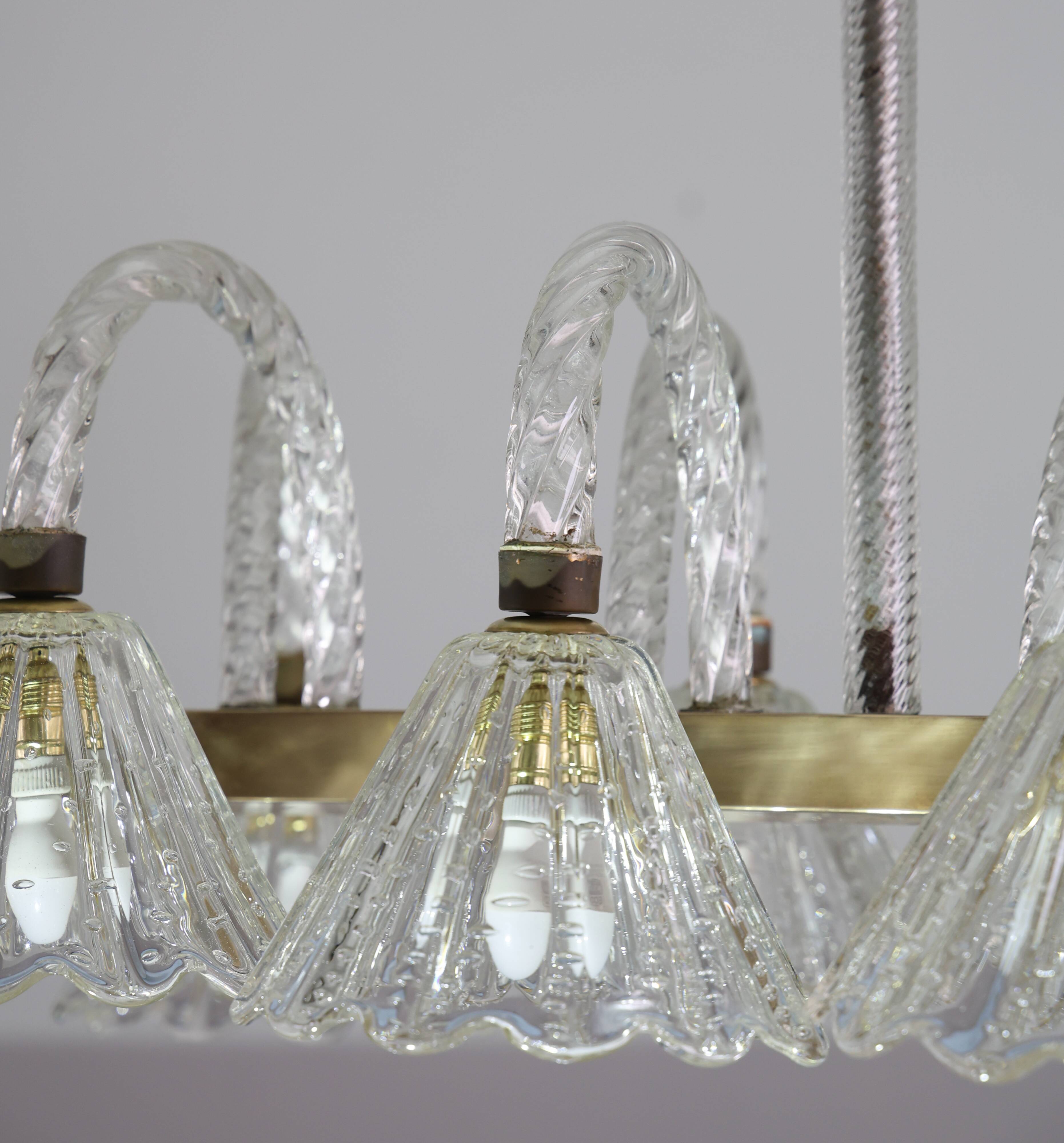 Museal 8 Light Art Decò Barovier e Toso Chandelier, Murano "Bubble" Glass,