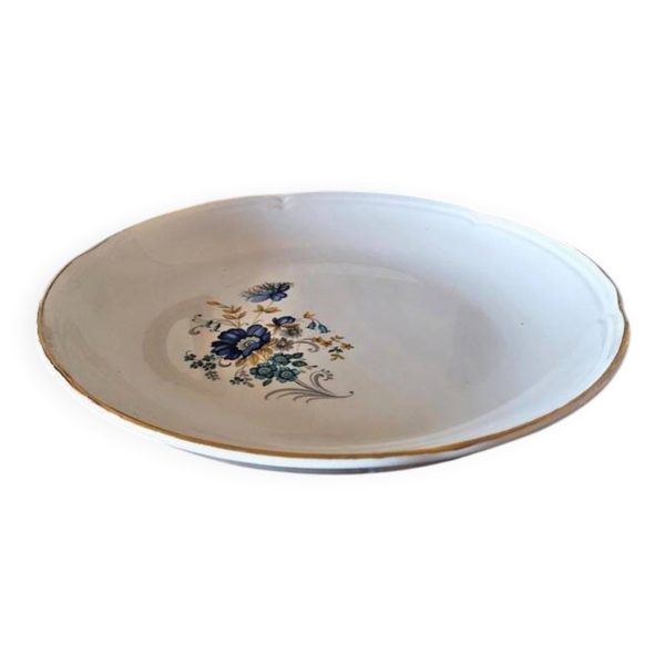Plat rond creux Moulin des Loups Volubilis, fleurs bleues et dorure