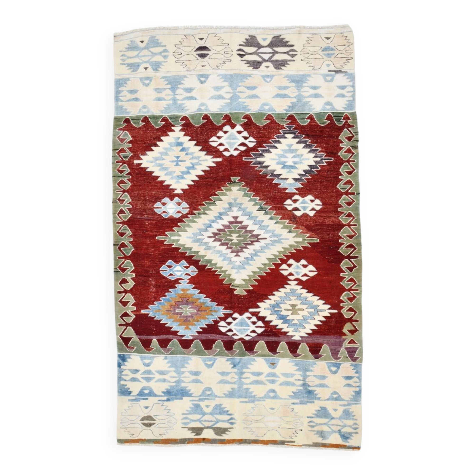 5x8 Burgundy & Light Blue Rare Geometric Style Wool Kilim Rug, 144x241 Cm