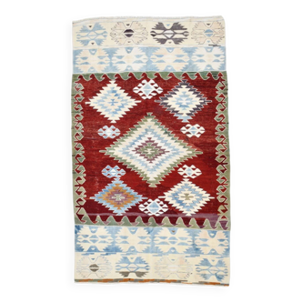 5x8 Burgundy & Light Blue Rare Geometric Style Wool Kilim Rug, 144x241 Cm