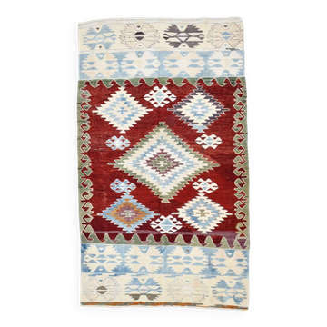 5x8 Burgundy & Light Blue Rare Geometric Style Wool Kilim Rug, 144x241 Cm
