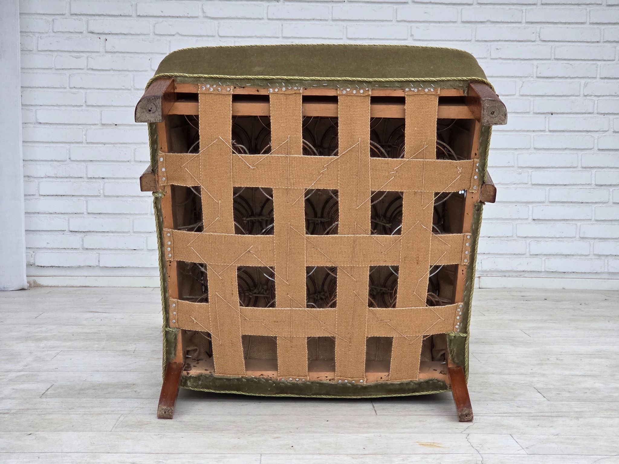 1960s, Danish highback armchair, furniture velour, oak wood.