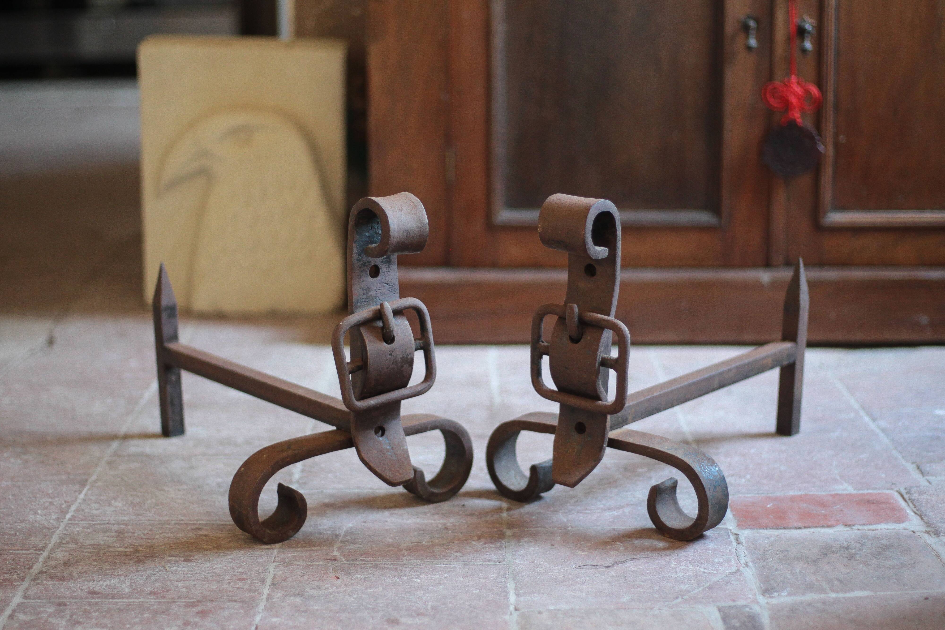 Brutalist cast iron fireplace grates in the shape of a belt, decor.