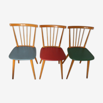 3 chaises Hiller bois et skaï 1960