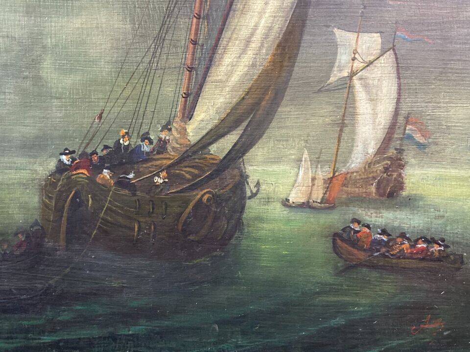 Tableau huile sur panneau Ecole hollandaise Marine monogrammée