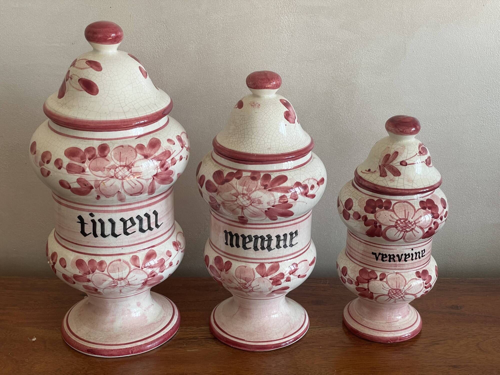 Trio of apothecary pots mint, verbena linden