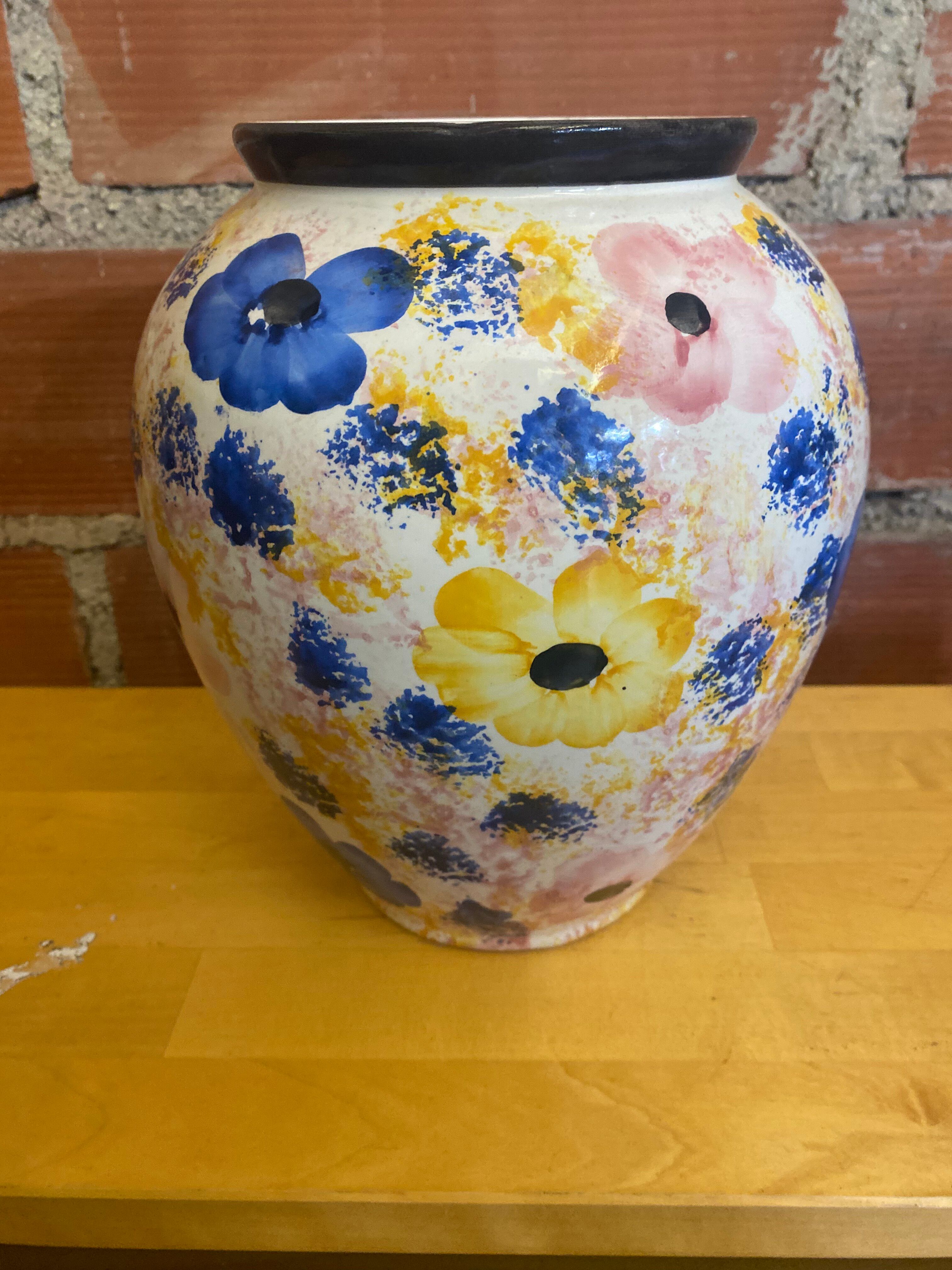 Vintage White Ceramic Round Vase with Polychrome Flower Decoration #D