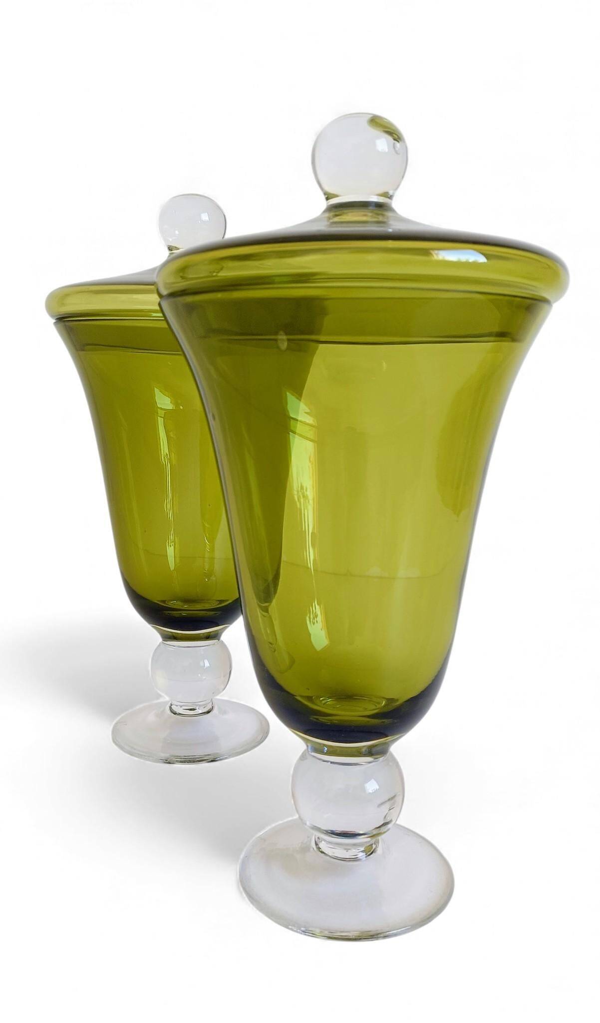 Murano Glass Green Lidded Urns, Venini Style, Italy, 1950s