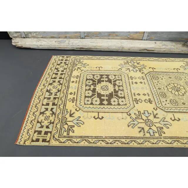 1970s Turkish Oushak Handmade Wool Cotton Yellow Runner 86x335