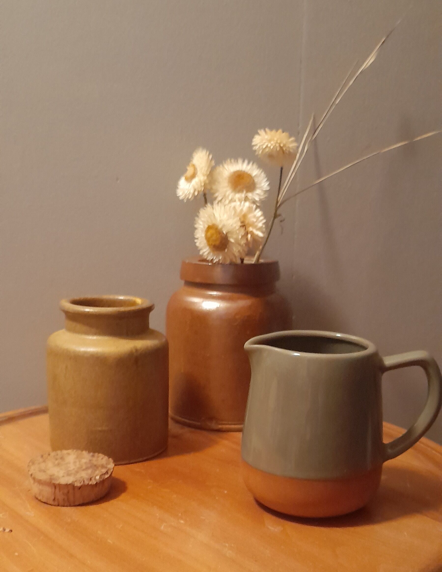 Trio of pottery & decorative stoneware pitcher - vintage