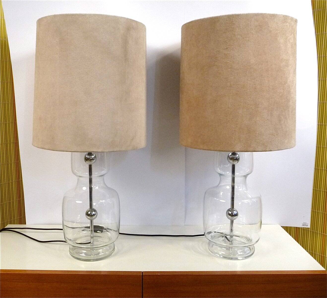 Set of 2 Glass & chrome table lamps with alcantara lampshades, 1960s