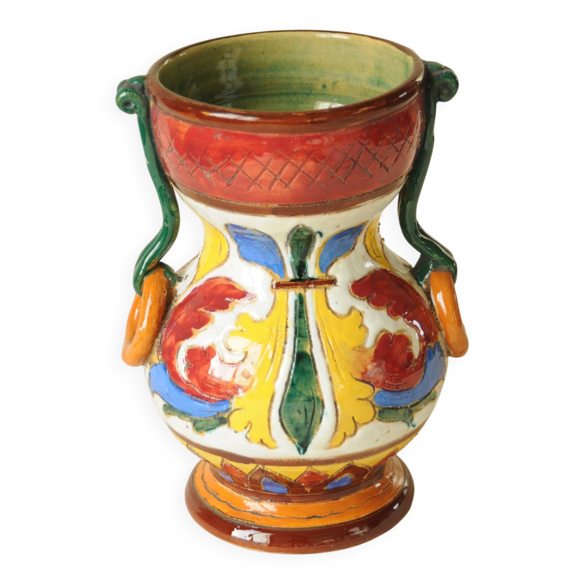 Antique polychrome ceramic vase – Italy 20th century – Handcrafted floral decoration