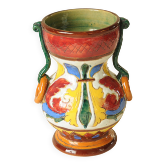 Antique polychrome ceramic vase – Italy 20th century – Handcrafted floral decoration