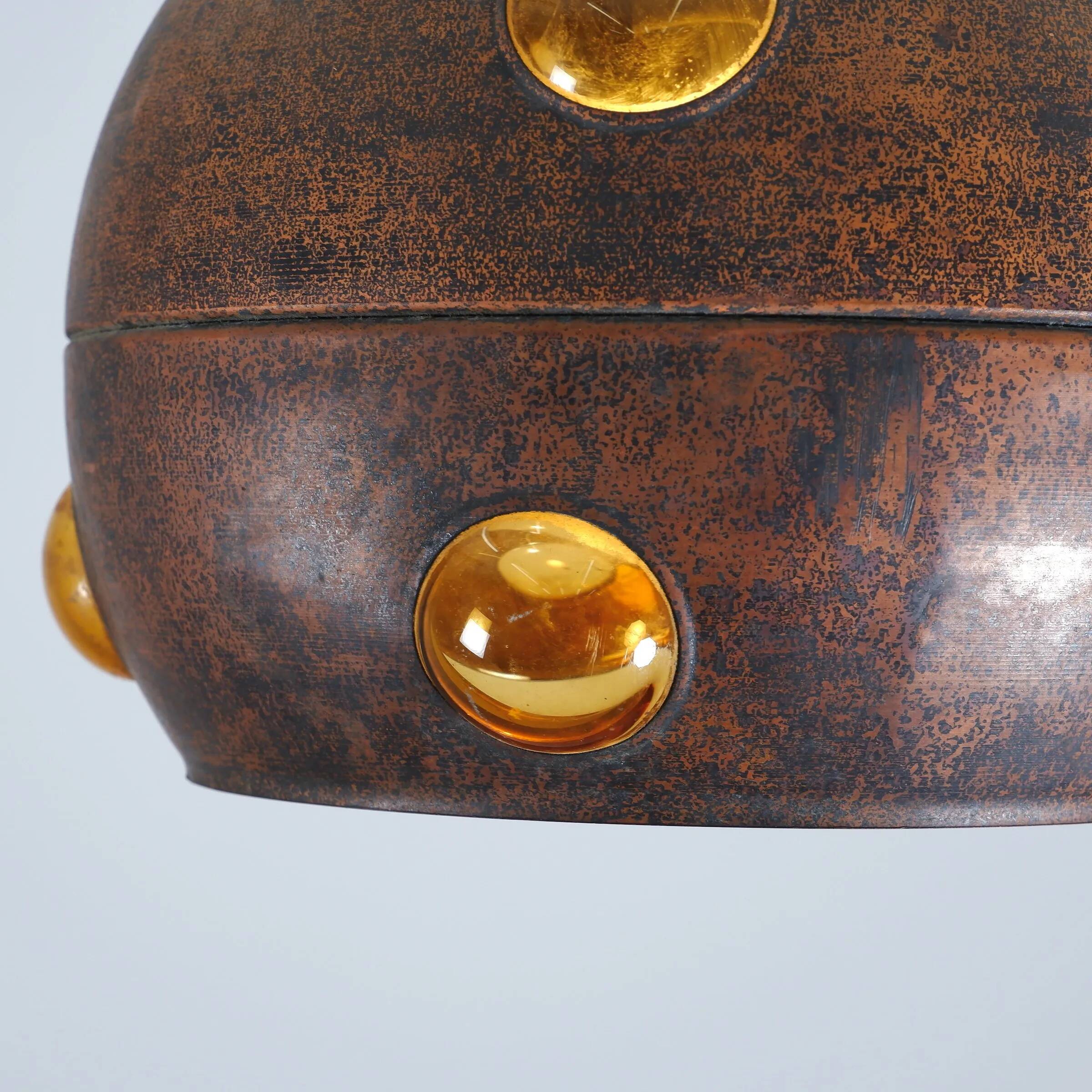 Large, globular brutalist hanging lamp in copper / glass by Peill & Putzler