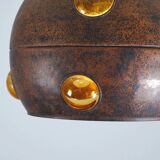 Large, globular brutalist hanging lamp in copper / glass by Peill & Putzler
