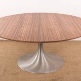 Large round coffee table with tulip leg in brushed aluminum and zebrano 1960.