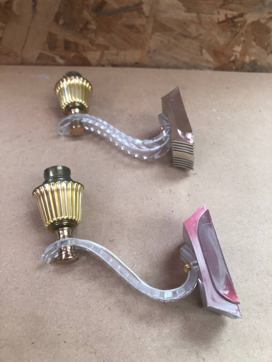 Pair of old golden plastic wall lamp + perspex plexi vintage