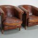 Vintage Dutch cognac coloured leather club chair, set of 2 with footstool