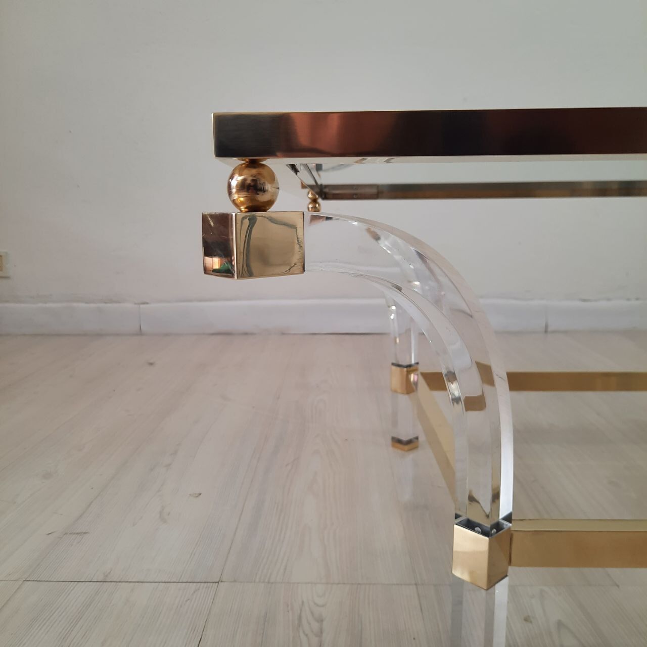 Square coffee table, lucite, brass and glass, Hollywood Regency