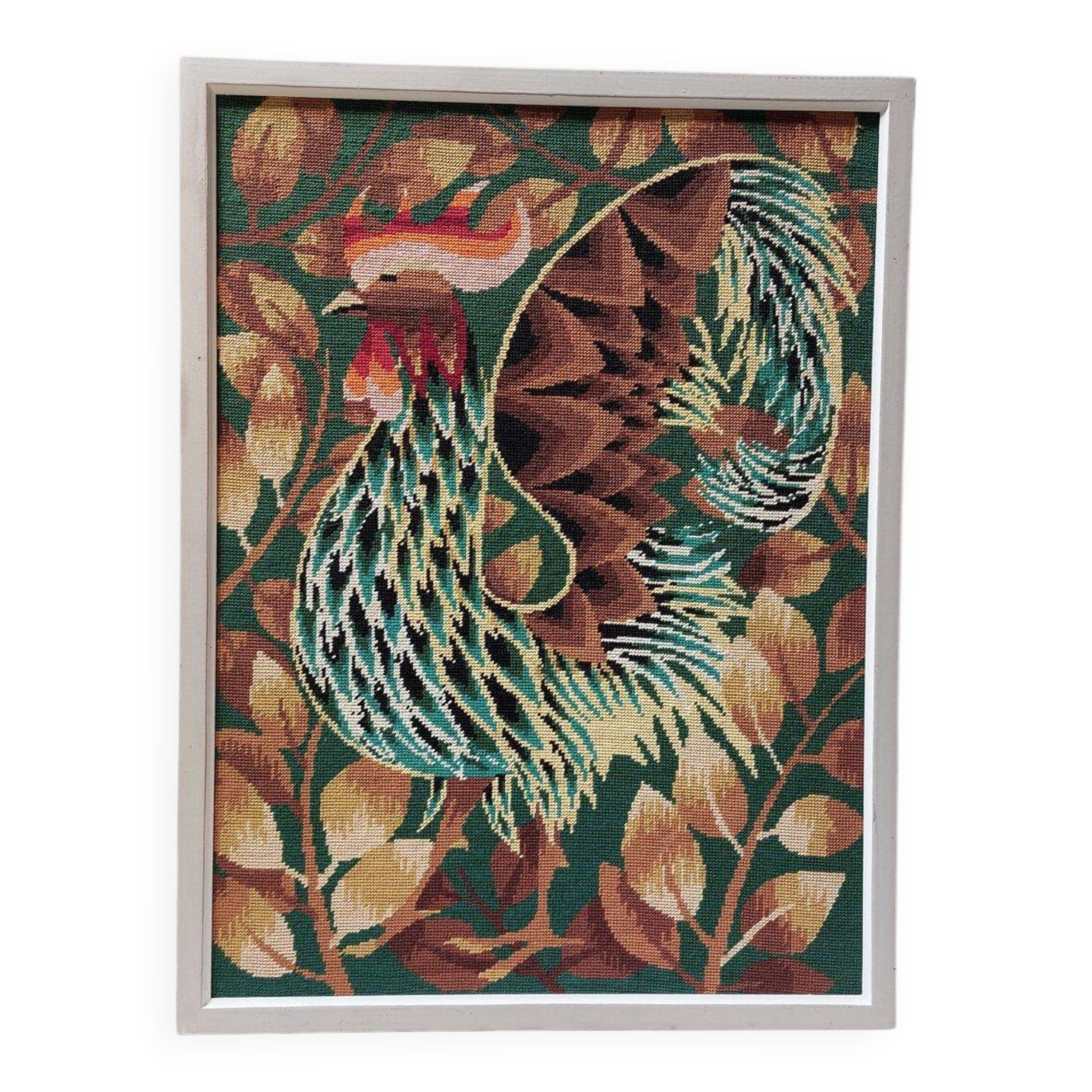 Wall tapestry - Framed vintage 70s canvas - Long-feathered rooster