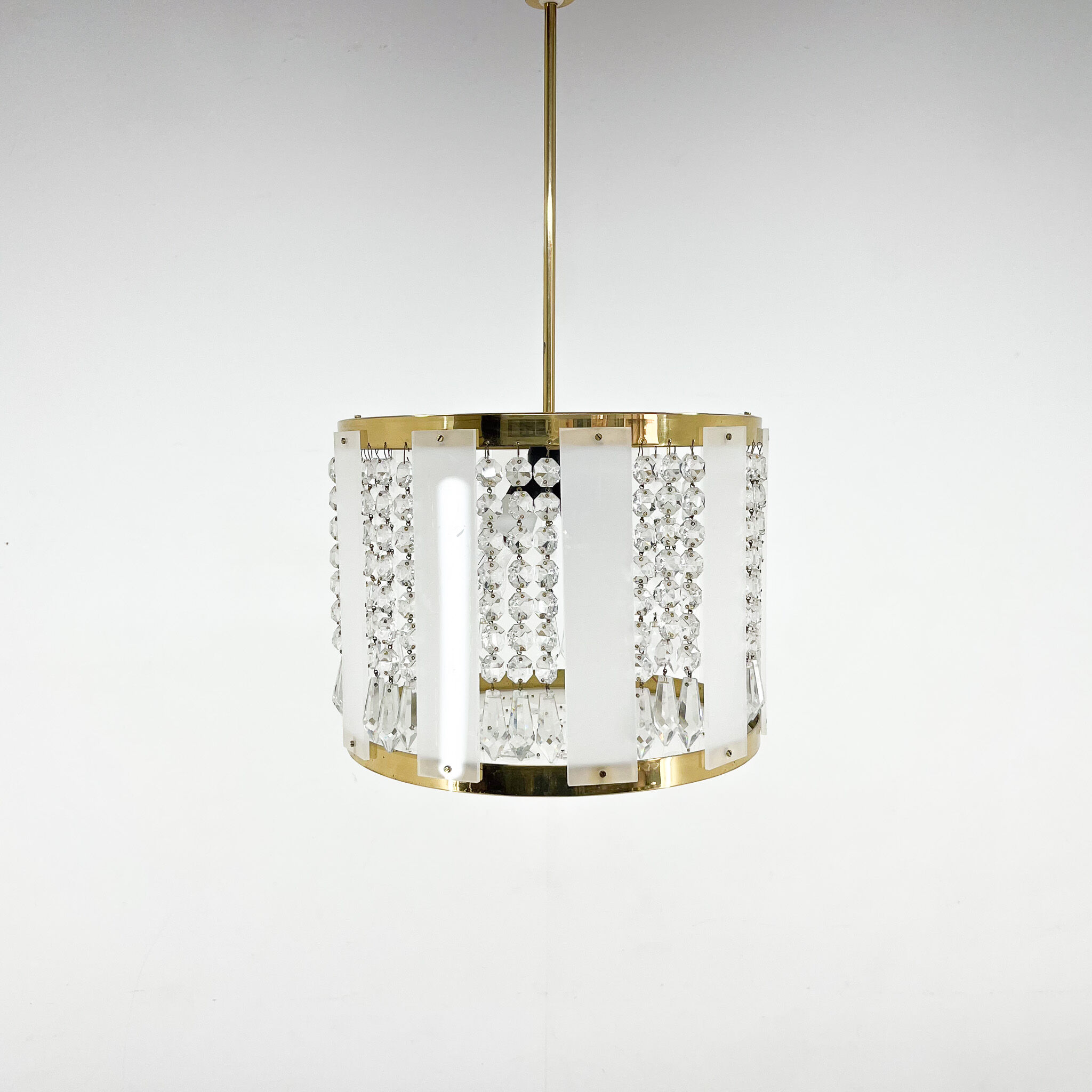 1970's Brass & Crystal Pendant Light by Novy Bydzov Glasswork, Czechoslovakia
